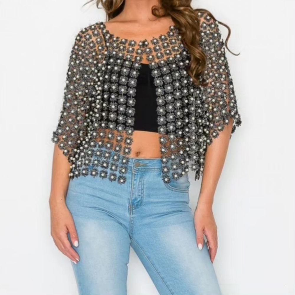 Elegant Black and Silver Beaded Women's Top